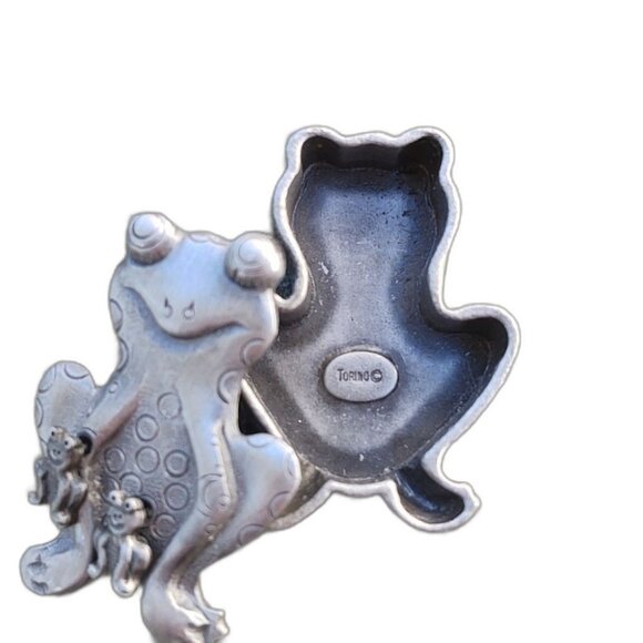 VTG Torino Pewter Frog Earrings Brooch Jewelry Trinket Box - Picture 2 of 10
